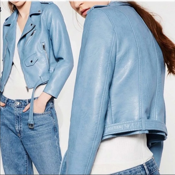 Zara Sky Blue Leather Biker Jacket - Picture 3 of 16